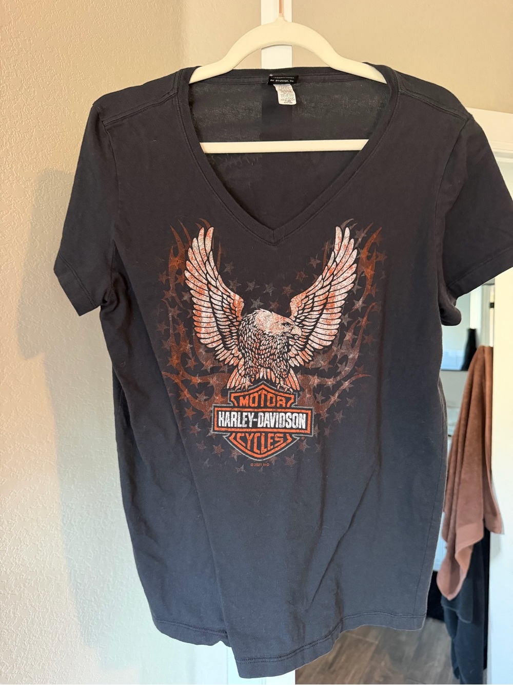Harley-Davidson Black V-Neck Tee with Orange Eagle Graphic